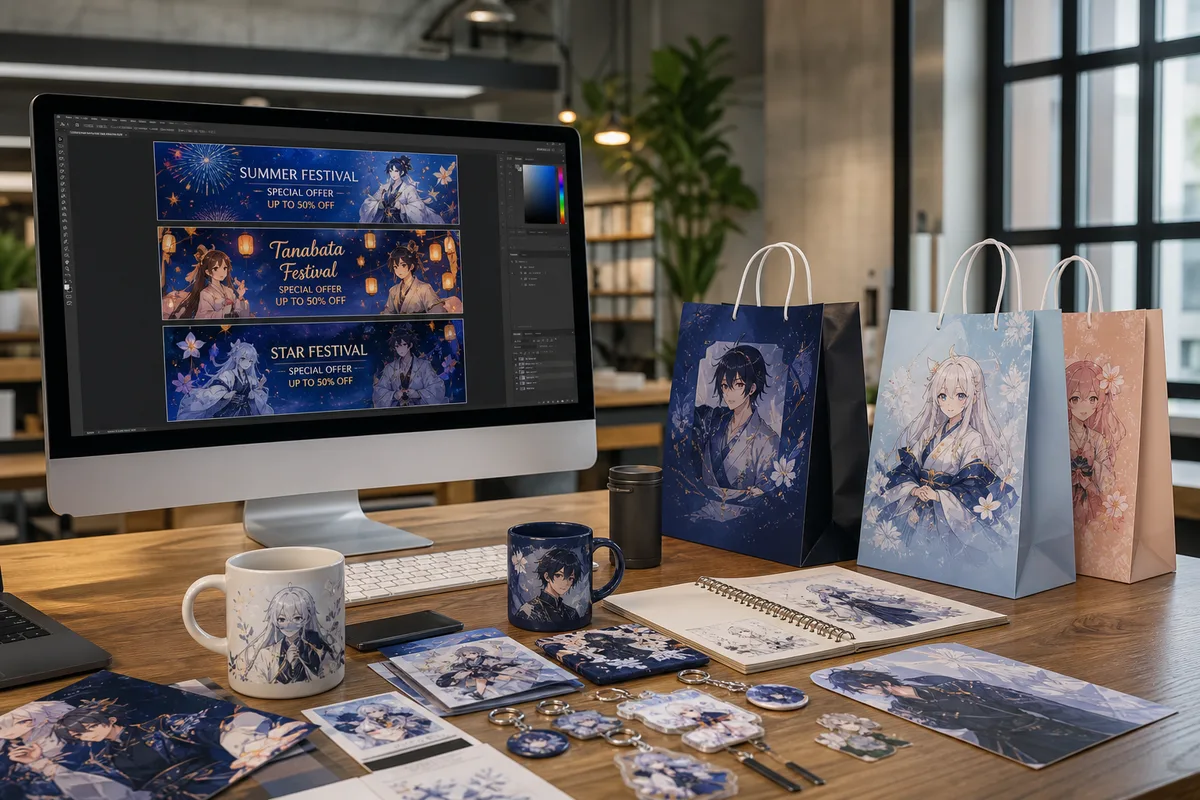 电商活动视觉策划桌面，屏幕上展示动漫风商品与节日 banner 草案
