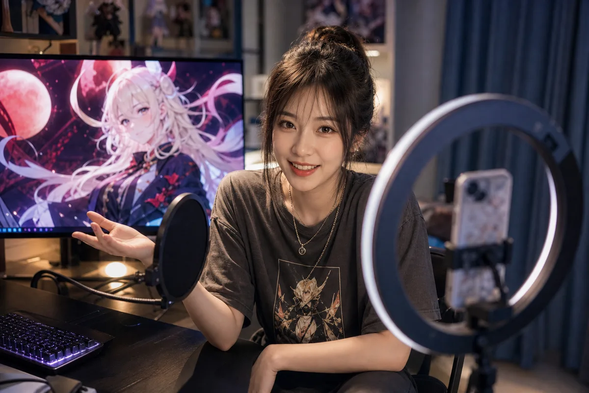 短视频创作者在补光灯前拍摄，身后屏幕显示动漫风格封面稿