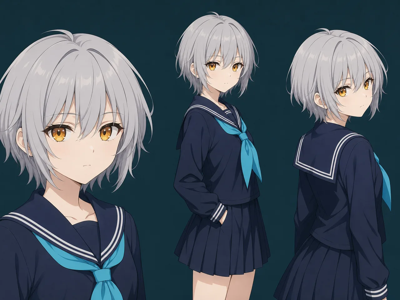 同一银发琥珀瞳校服少女三姿势并列，展示角色一致性