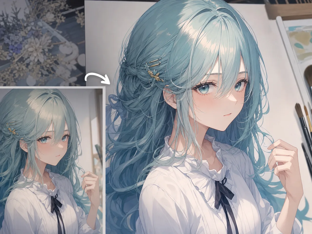 青发少女半身像特写，体现动漫图像局部编辑与精修
