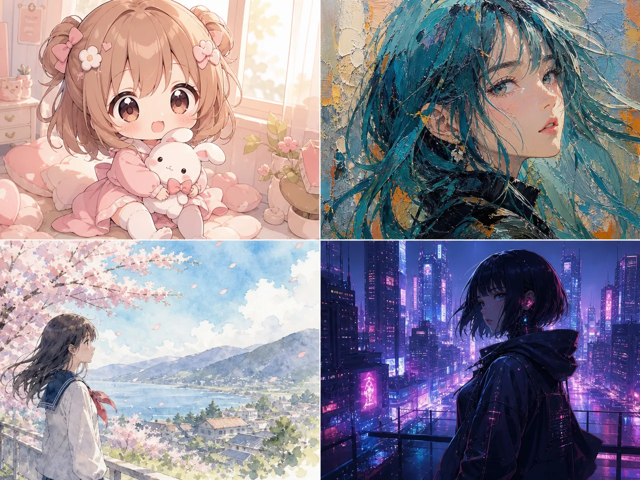 四宫格动漫画风合集：Q版、厚涂、水彩场景与赛博夜景