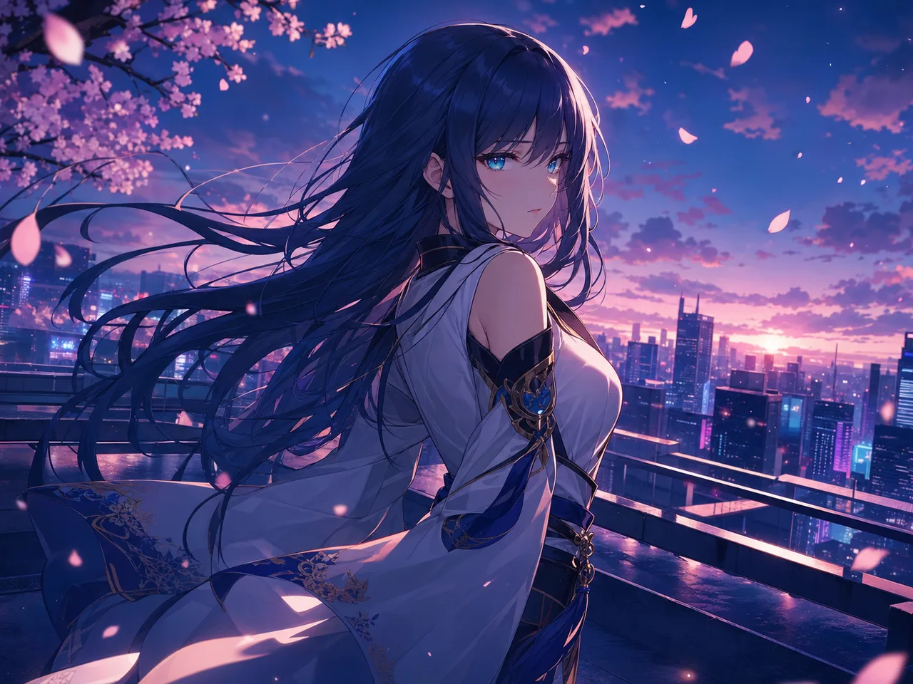 夜景天台二次元少女立绘，展示文字提示词生成动漫角色与场景