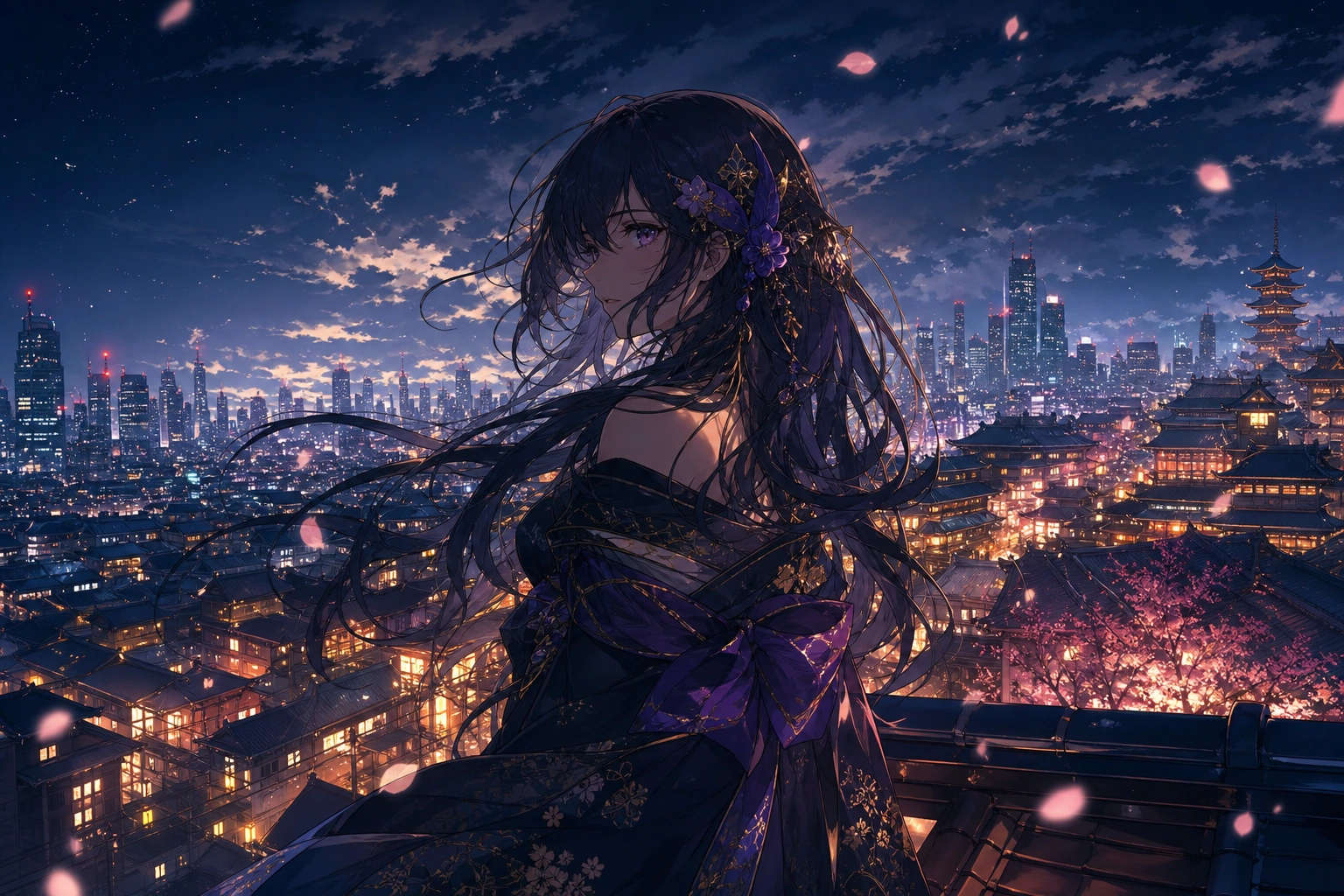AI 动漫生成器示例：夜景天台的二次元少女与霓虹城市天际线