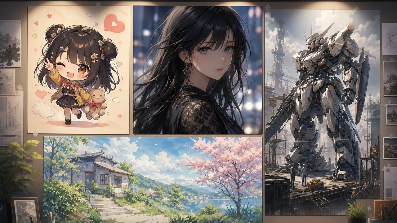 多种 AI 动漫画风合集展示：Q 版、写实向人像、机甲概念与水彩风场景