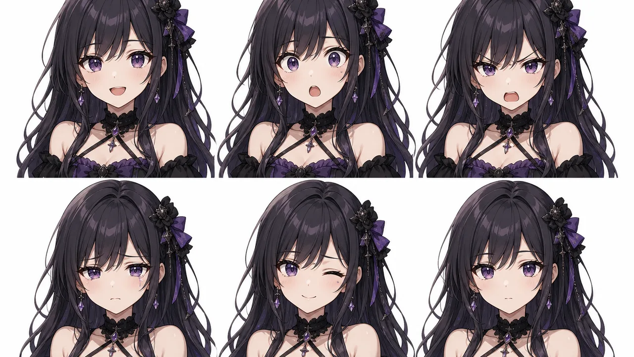 AI character generator example: expression sheet of the same character across multiple emotions