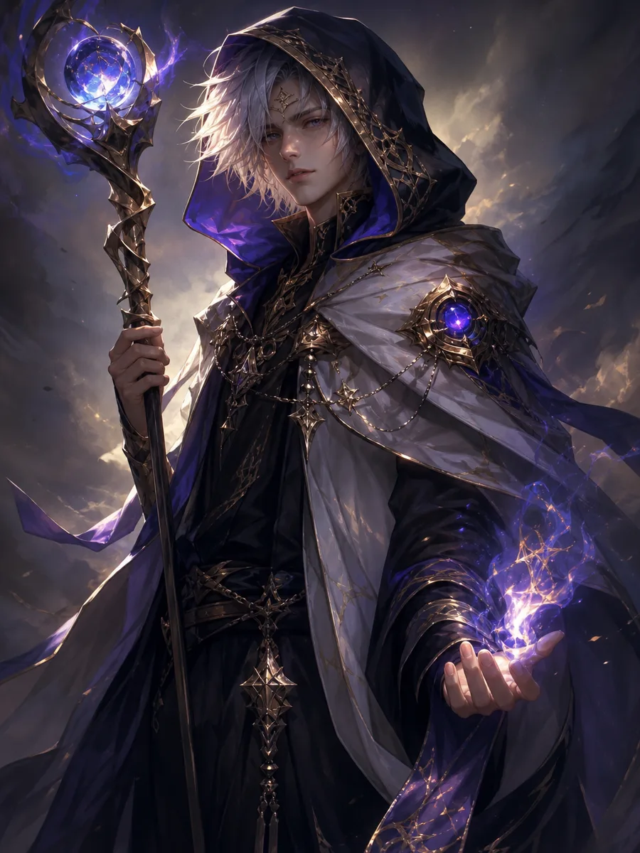AI character generator example: fantasy mage character with distinctive costume and props