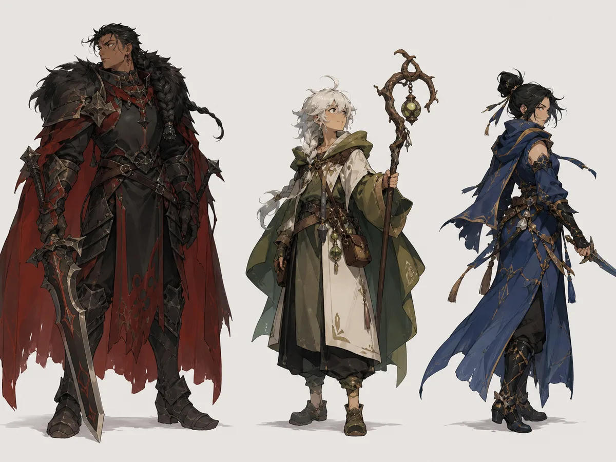 AI character generator example: small cast lineup showing distinct silhouettes and color coding