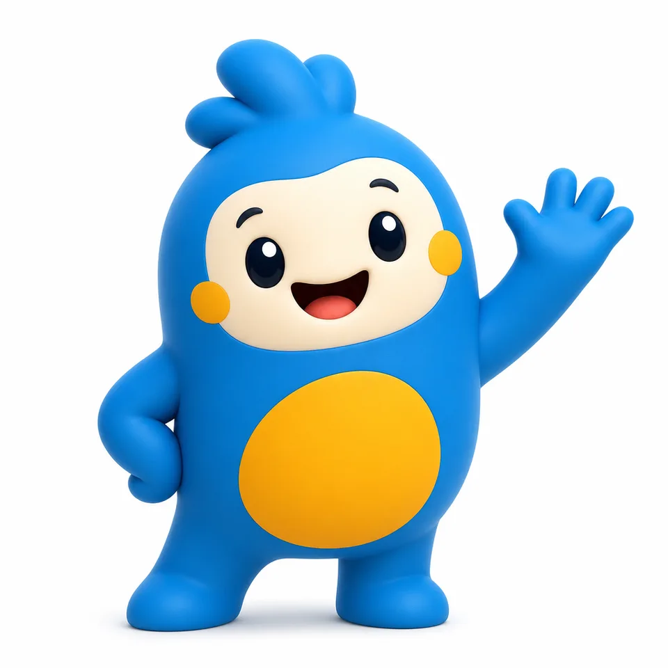 AI character generator example: friendly brand mascot character with simple memorable shapes