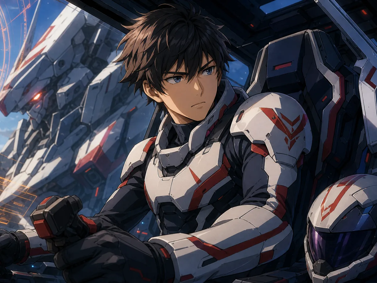 AI character generator example: mecha pilot character with consistent suit markings