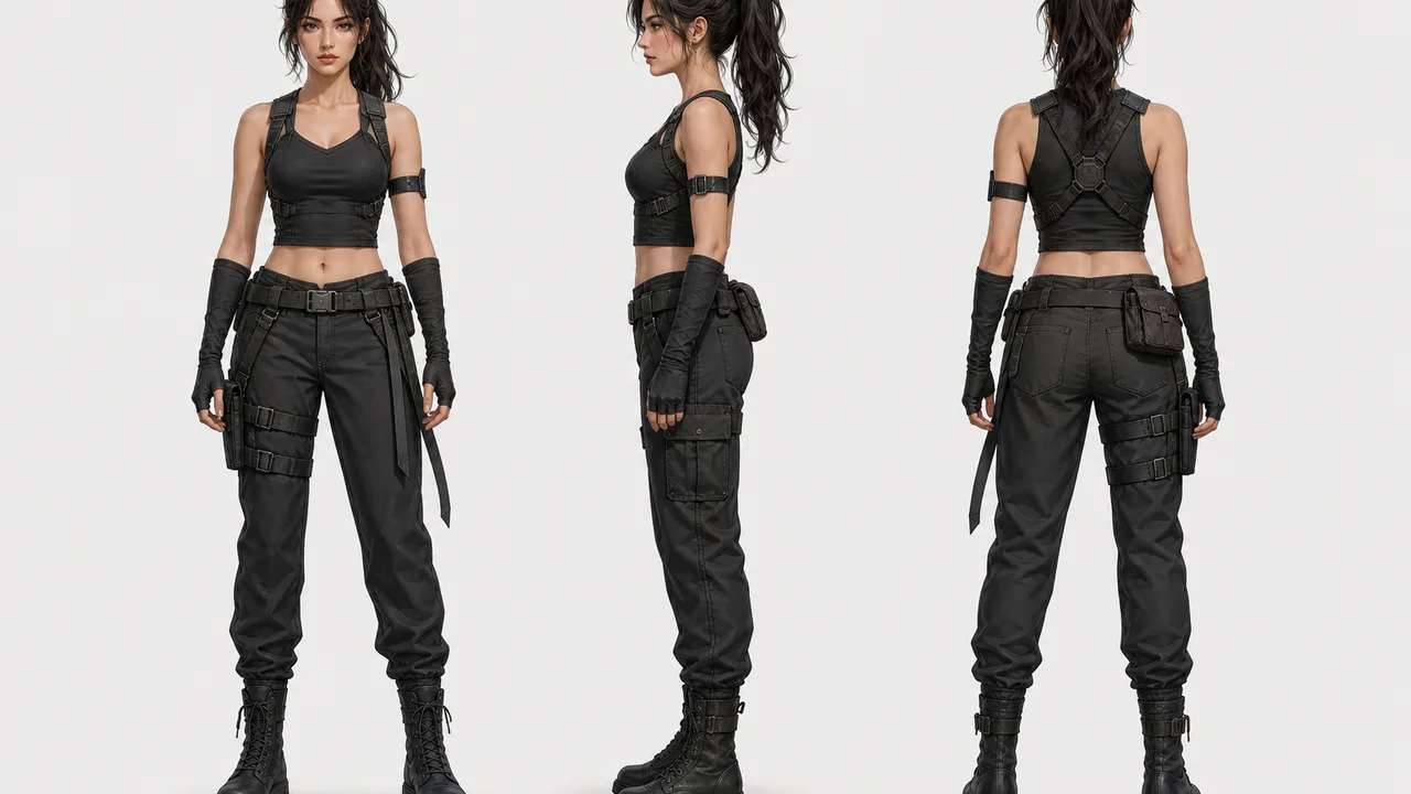 AI character generator example: multi-angle turnaround of a consistent original character