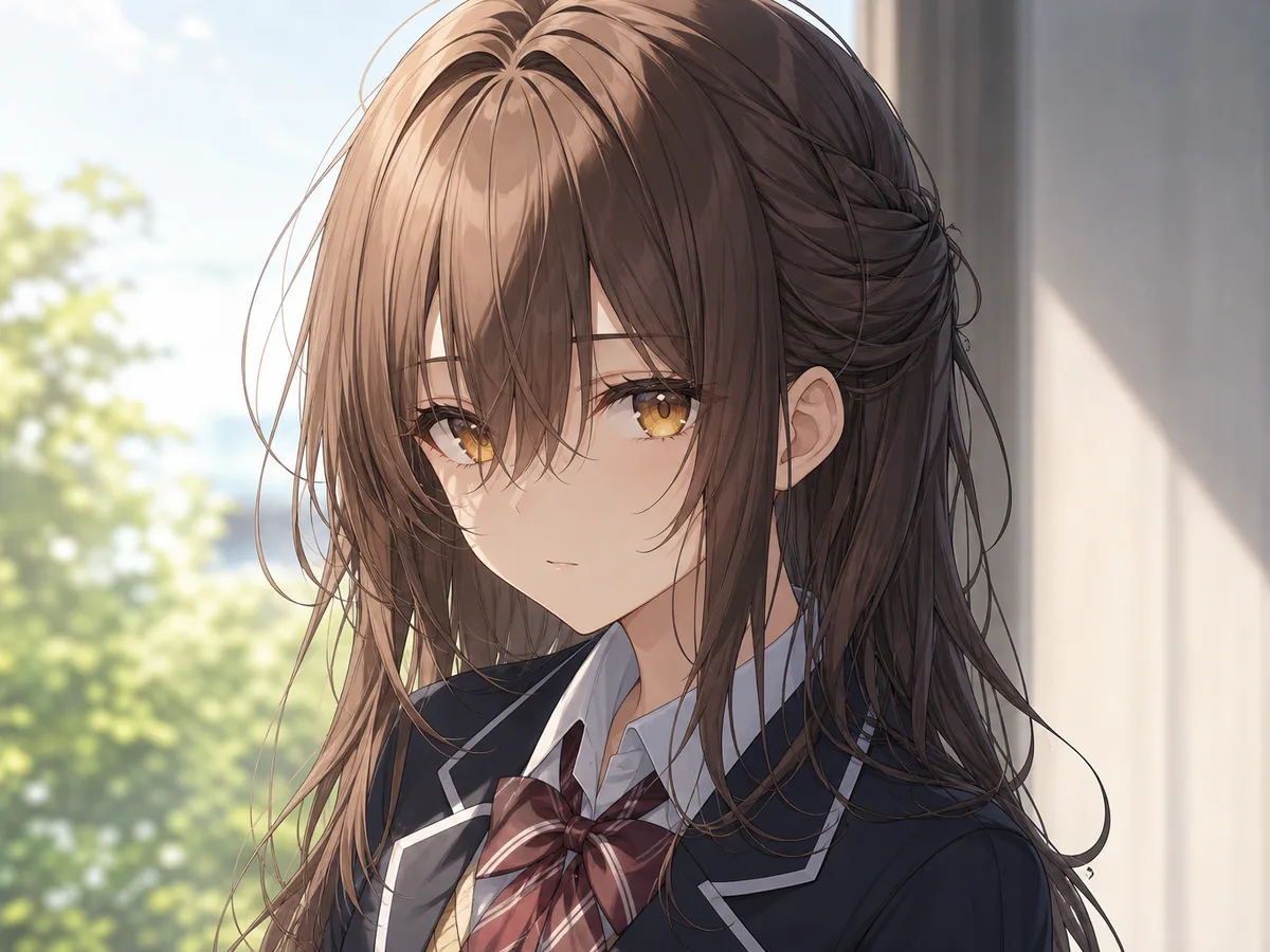 AI character generator example: school-uniform original character with locked hair and eye colors