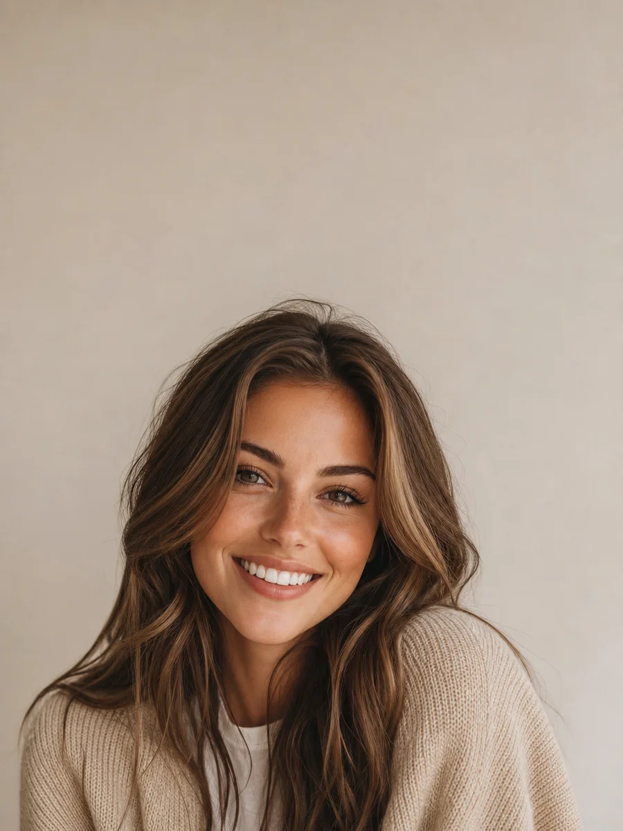 AI headshot generator example: youthful fashion portrait with soft studio lighting and clean backdrop