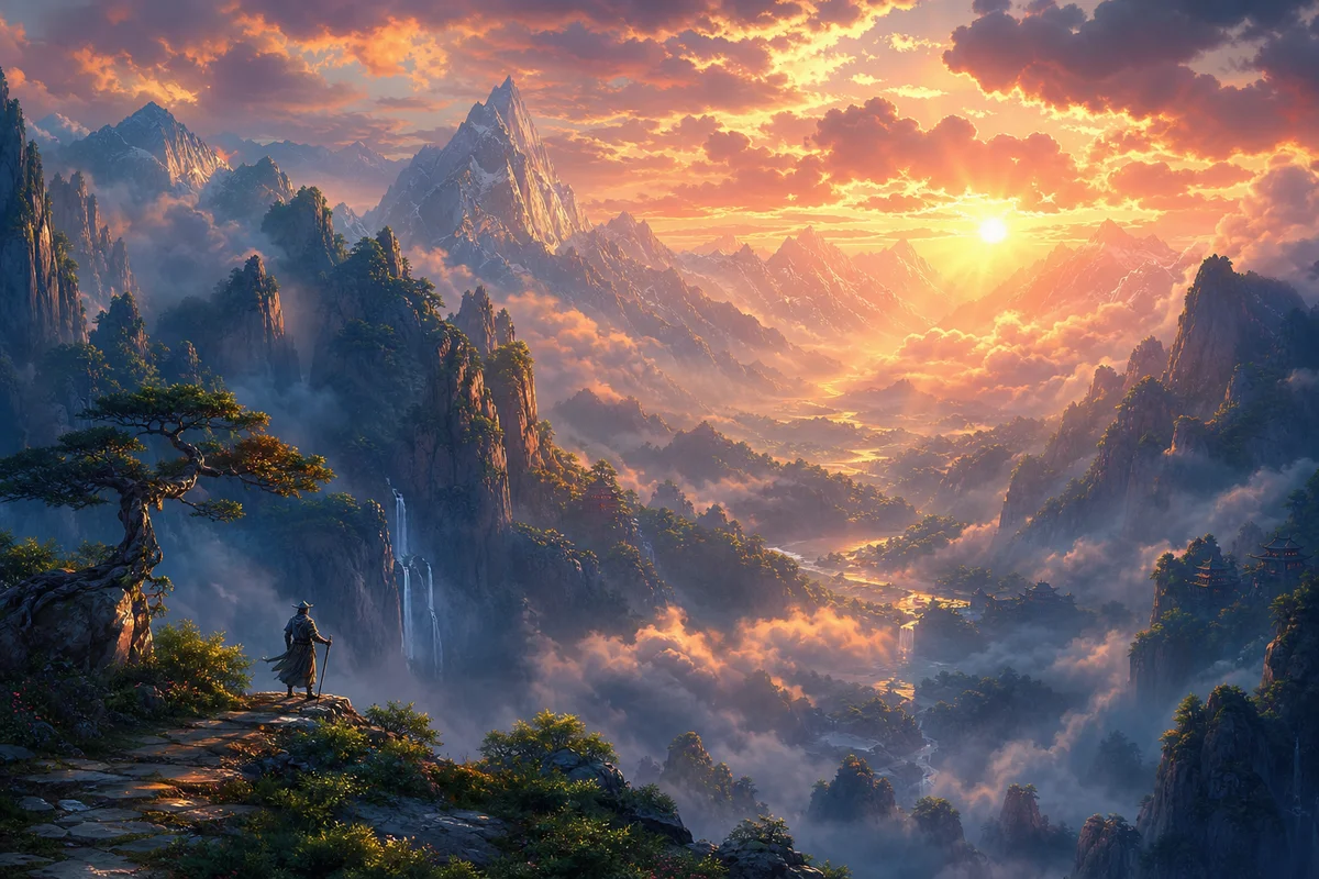 AI-generated fantasy valley landscape concept art at sunrise for worldbuilding boards