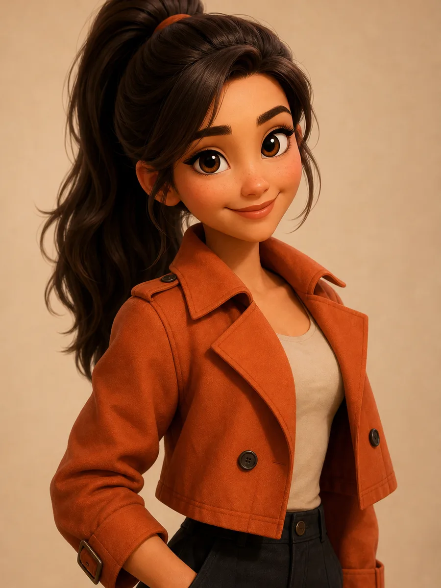 AI-generated 3D animated character in an orange trench coat for character design references