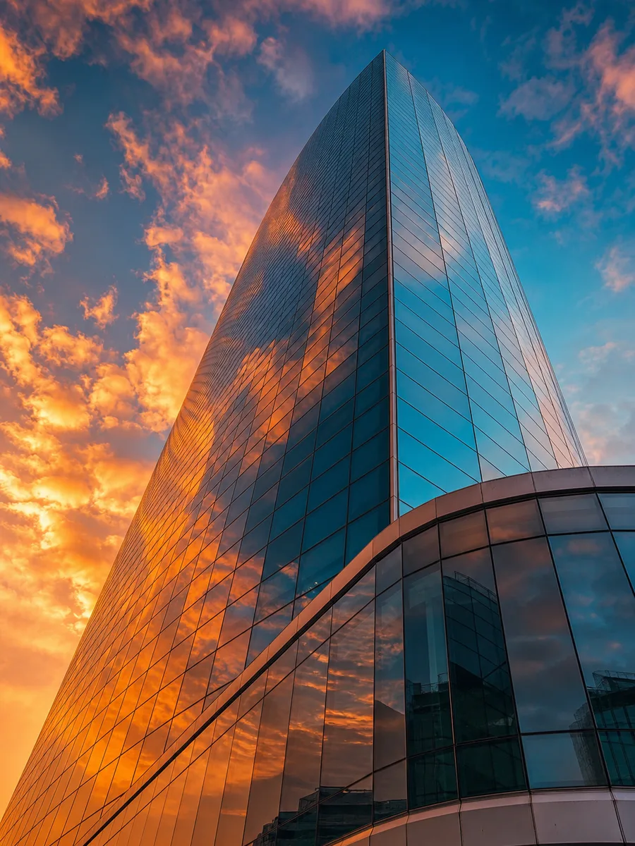 AI-generated architectural photography of a glass skyscraper at sunset for concept and real-estate visuals