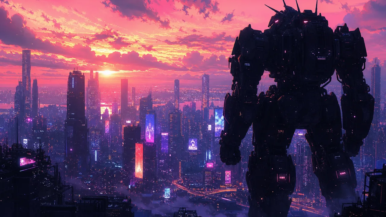 AI-generated cyberpunk anime cityscape with mecha silhouette for games and film concept art