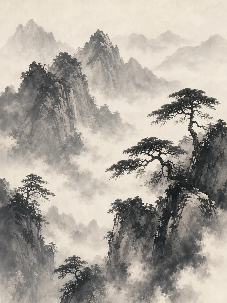 AI-generated Chinese ink-wash mountain illustration for editorial and cultural posters
