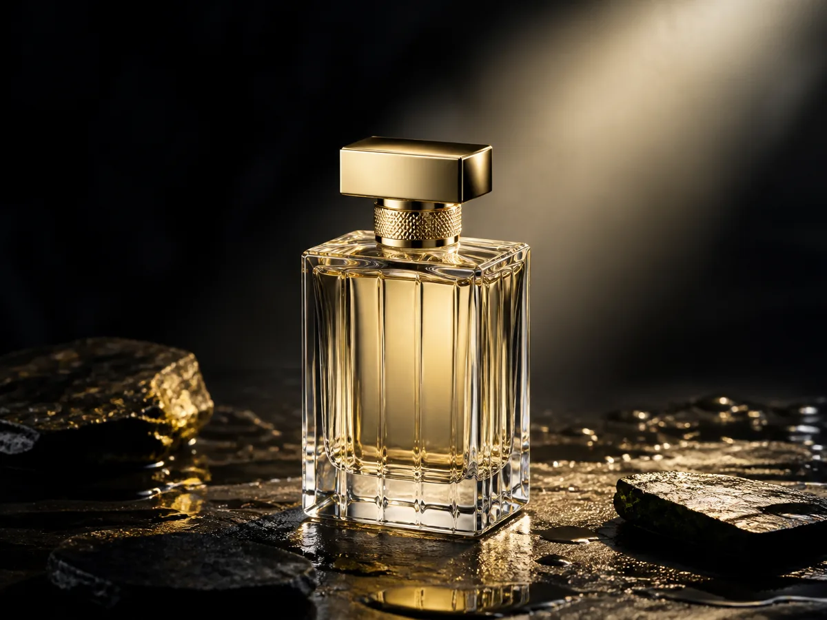 AI-generated luxury perfume product shot on dark stone for ecommerce hero images
