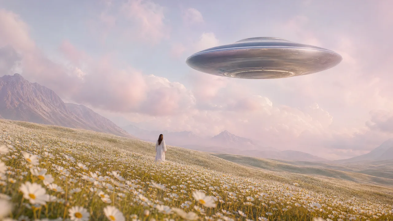 AI-generated surreal daisy field with a UFO for creative campaign and poster concepts
