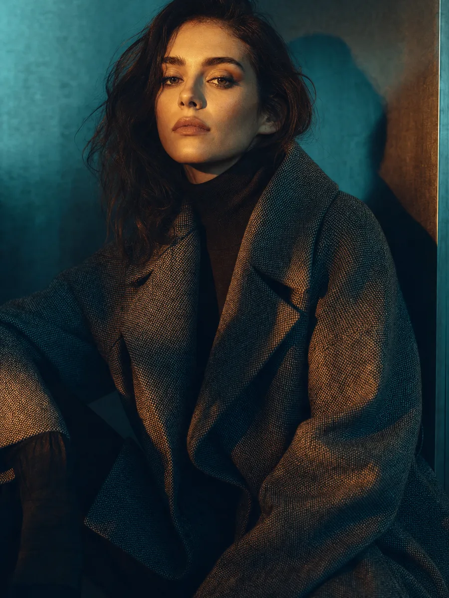 AI photo editor example: cinematic color grading on a fashion editorial portrait