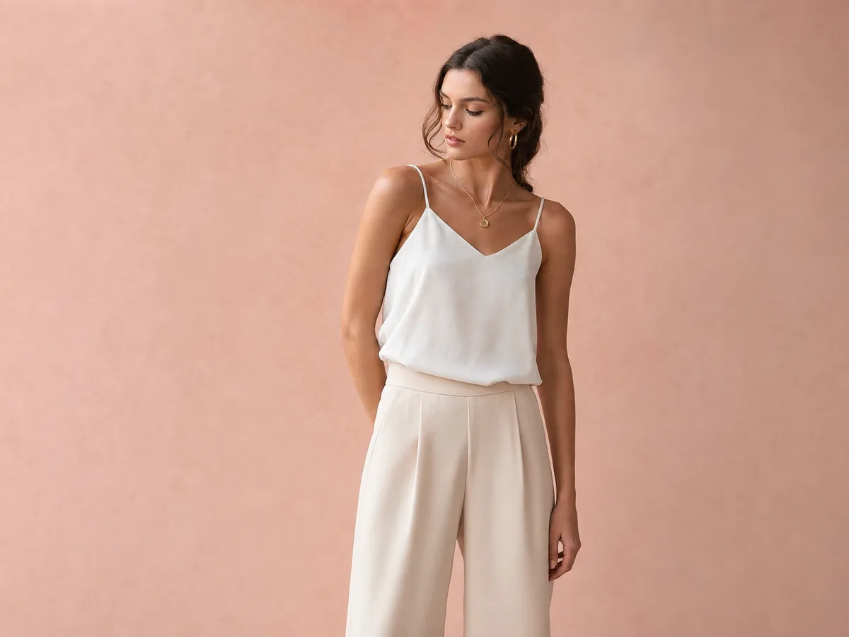 AI photo editor example: fashion lookbook photo with polished tones and clean backdrop