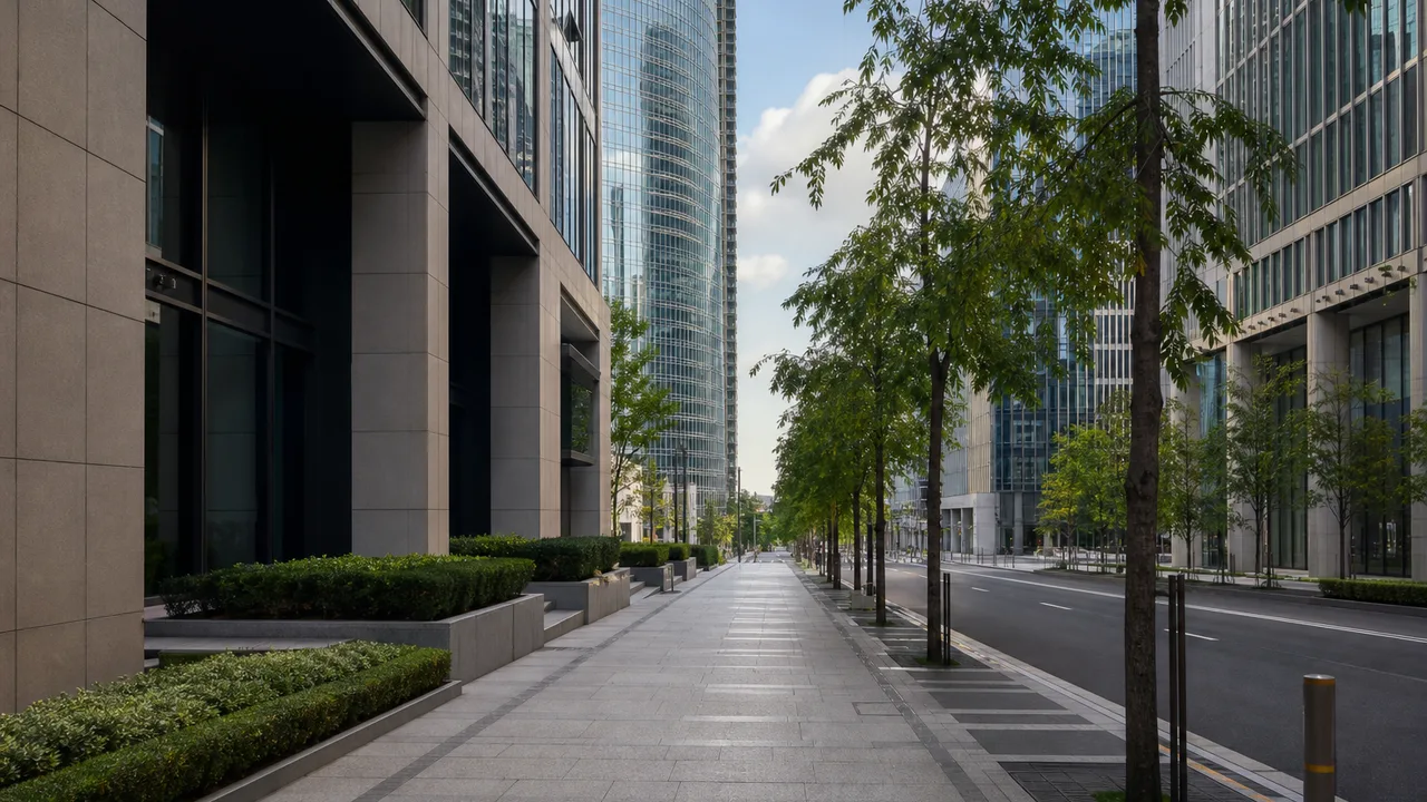 AI photo editor example: city street photo cleaned by removing unwanted objects and signs