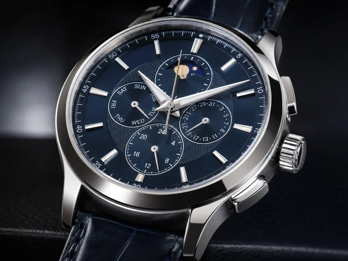 AI photo editor example: luxury watch product detail with crisp reflections and contrast