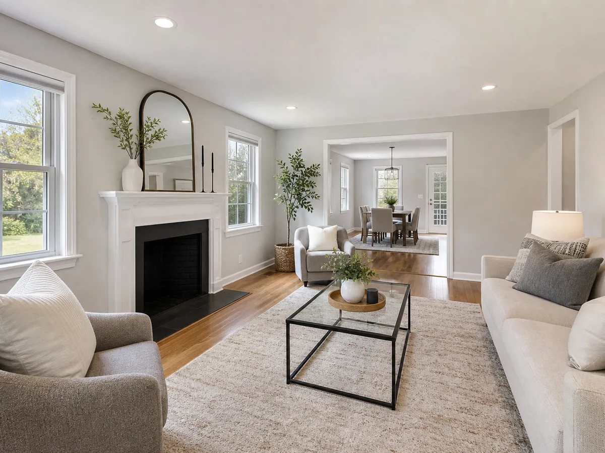 AI photo editor example: bright real-estate interior with window light recovery