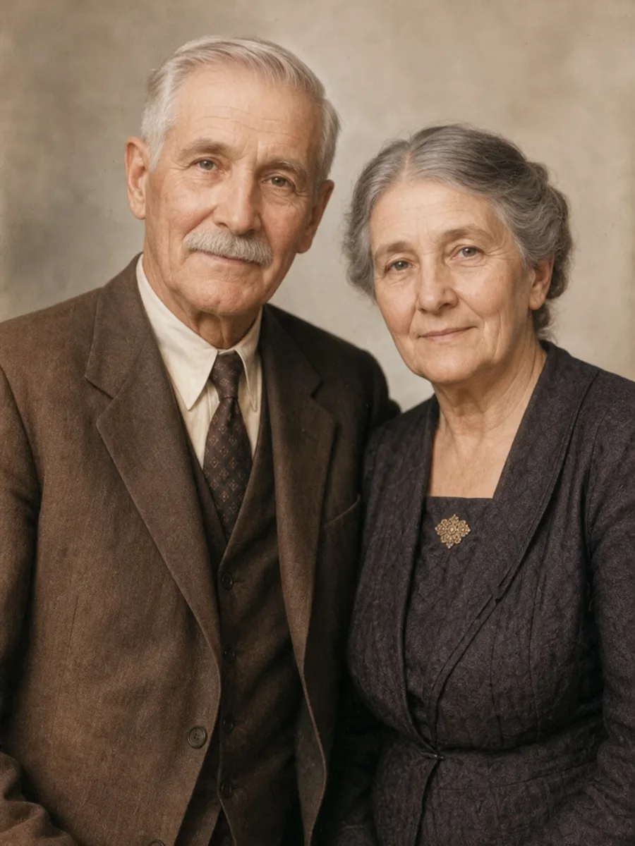 AI photo editor example: restored vintage family portrait with repaired scratches and color