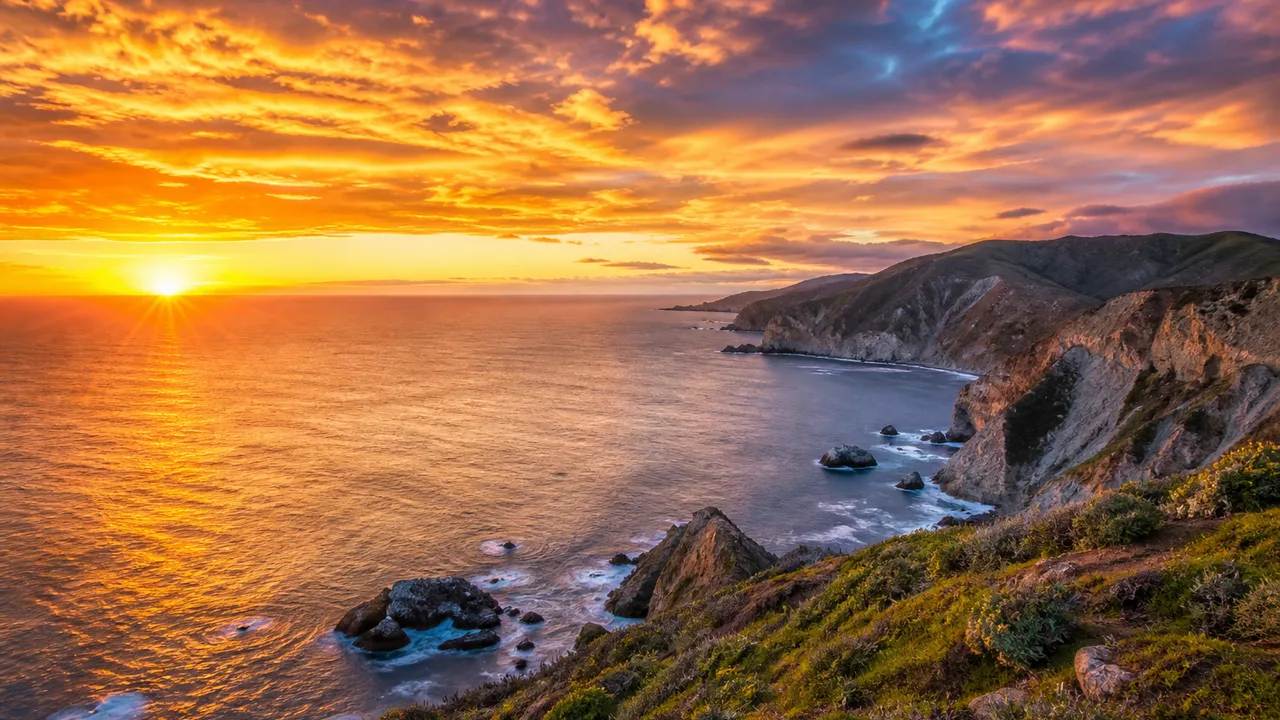 AI photo editor example: coastal landscape with dramatic sunset sky replacement