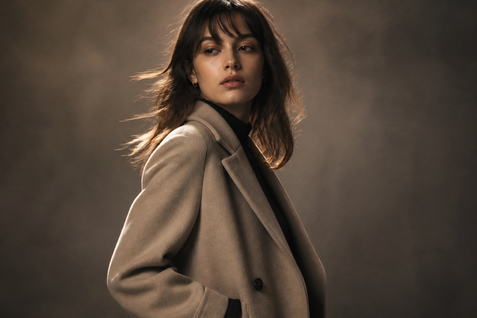 AI photo enhancer example: fashion editorial frame with refined fabric texture