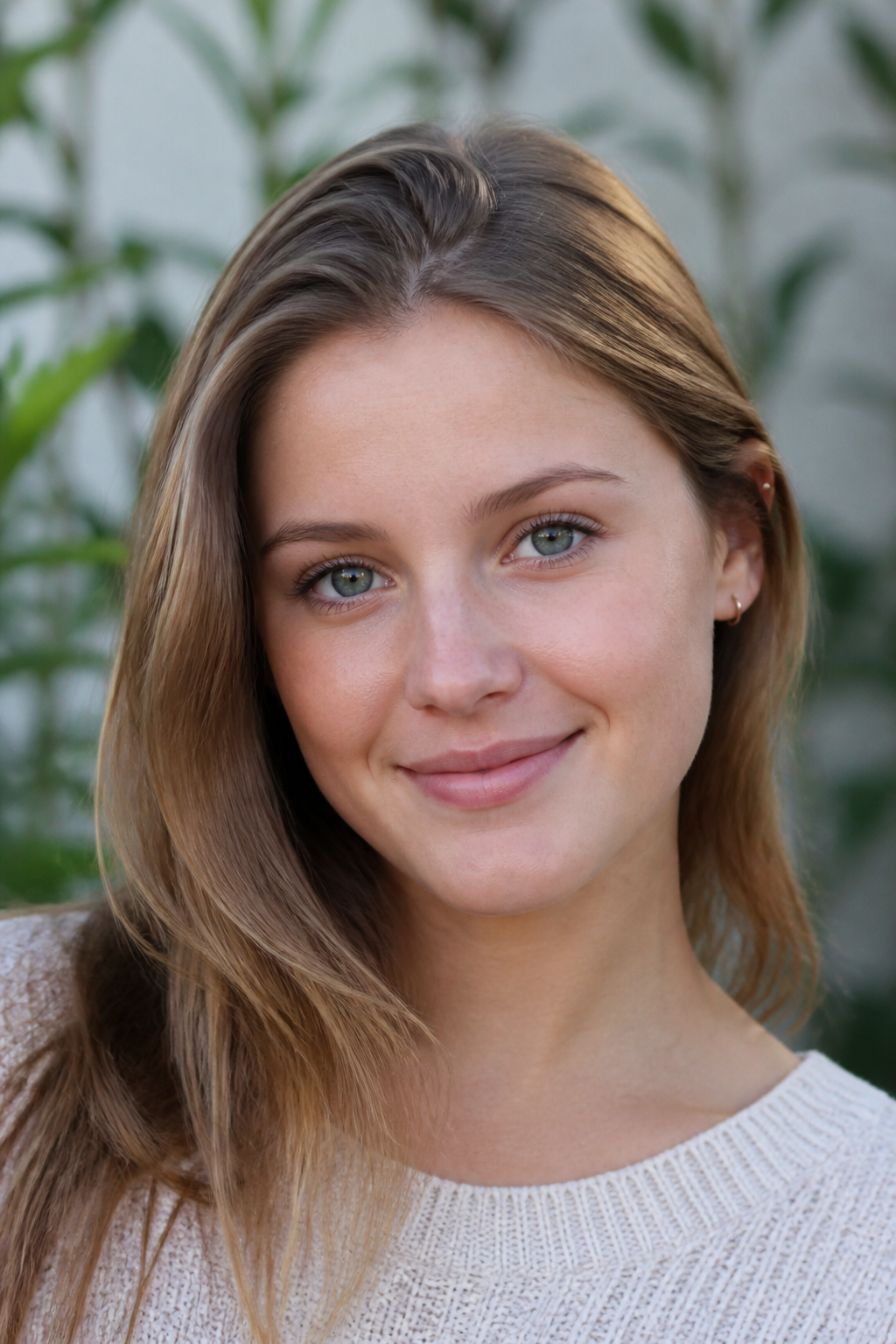 AI photo enhancer example: face restore on a soft outdoor portrait keeping natural skin