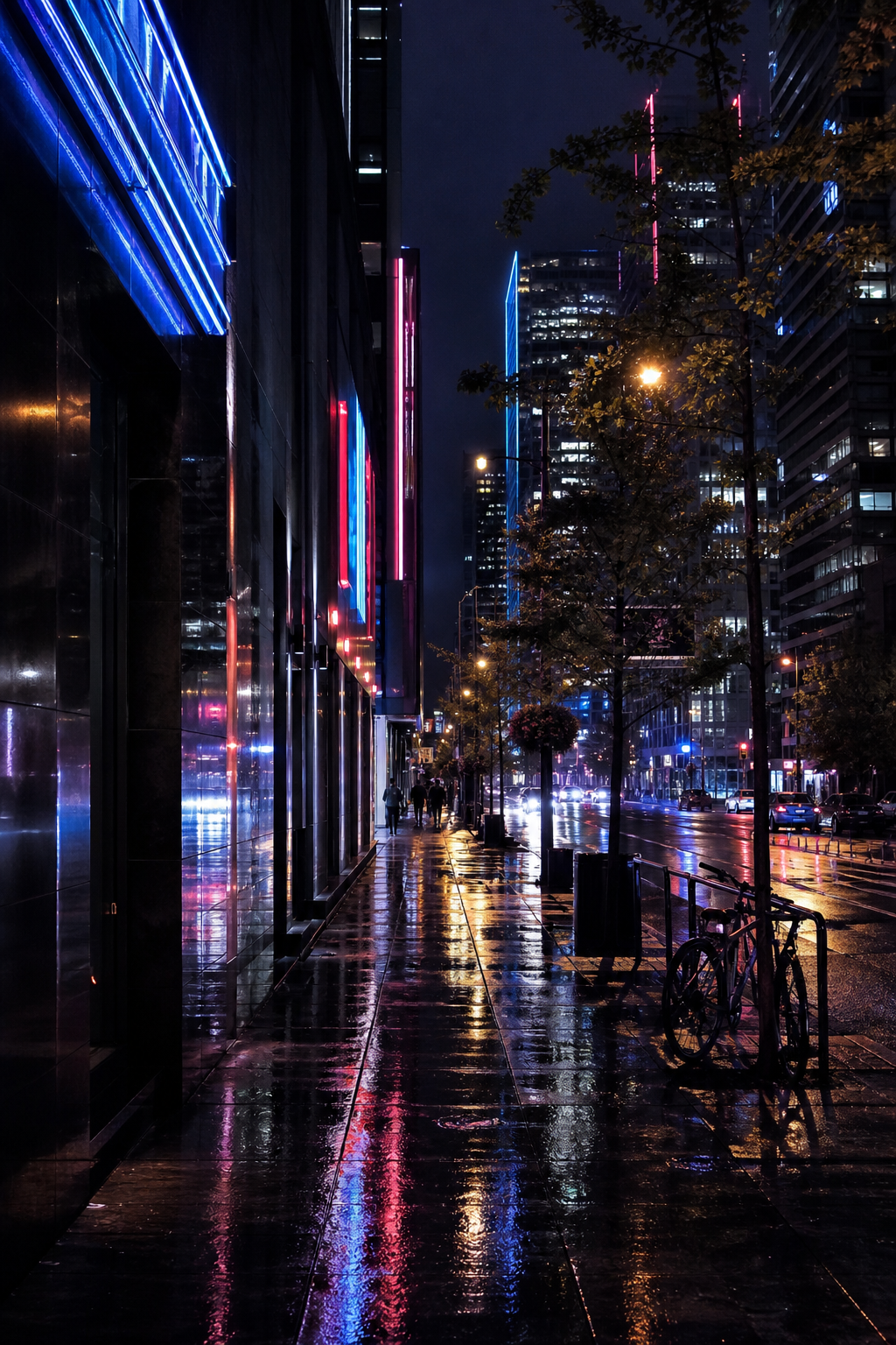 AI photo enhancer example: night city street photo after denoise with retained neon glow