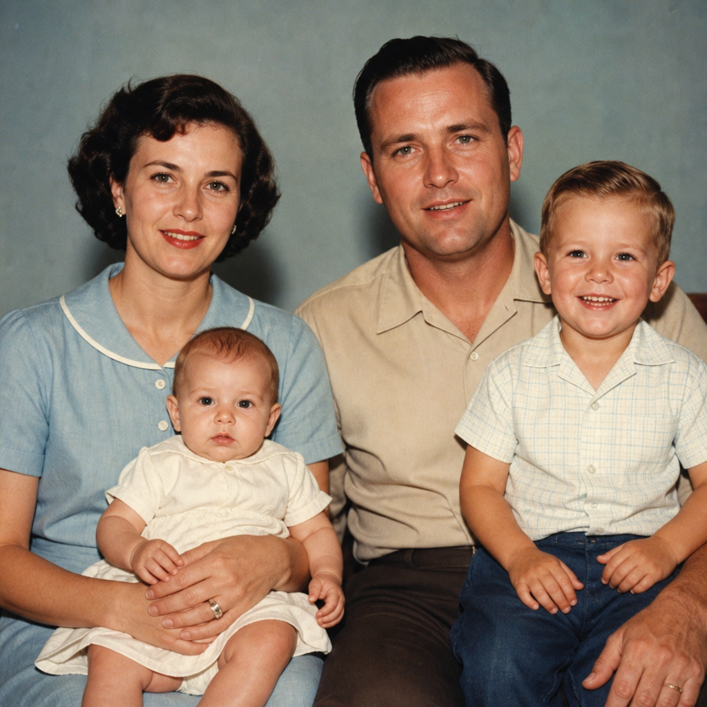 AI photo enhancer example: restored vintage family photo with repaired scratches and revived color