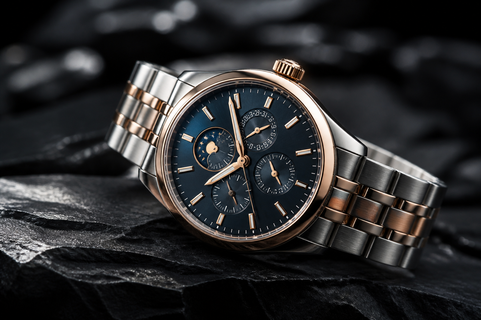 AI photo enhancer example: sharpened ecommerce watch product shot with clean highlights