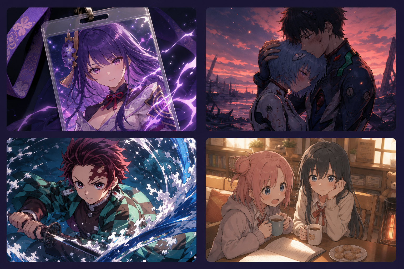 动漫 fan art 与同人文风格示例:徽章、封面、动态 pose 与日常 slice-of-life