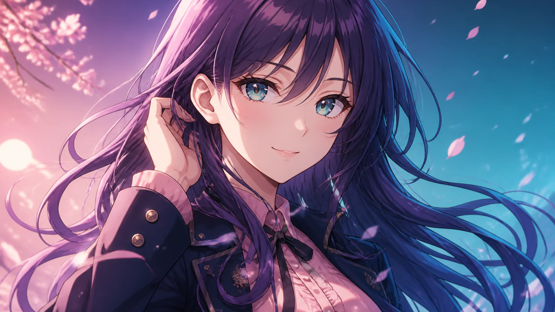 一位靛紫长发的二次元少女半身立绘封面，赛璐璐描线与柔和光影