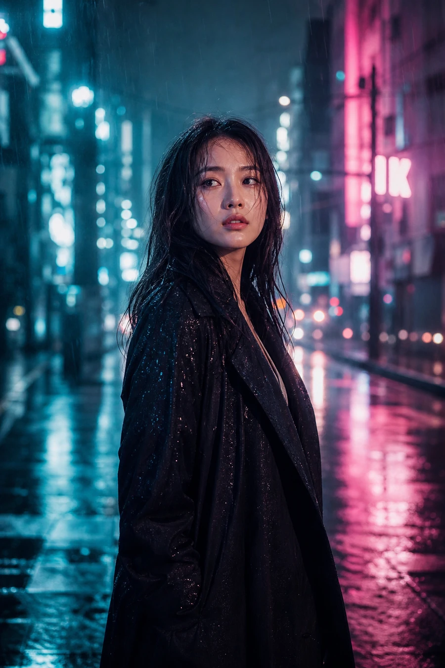 短片视频场景成片：雨夜霓虹女性中景电影感