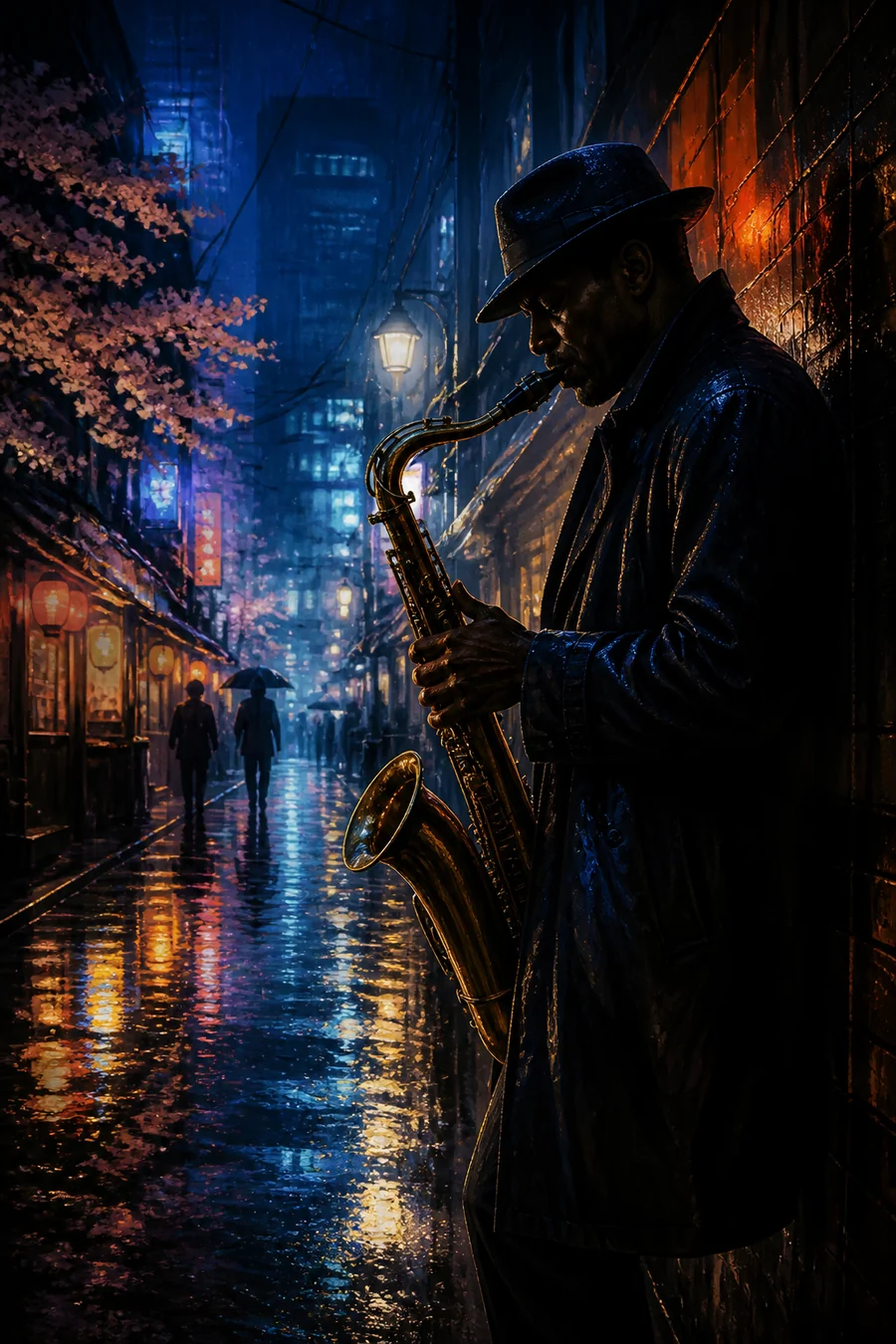 Midjourney V8.1 雨夜爵士街景示例